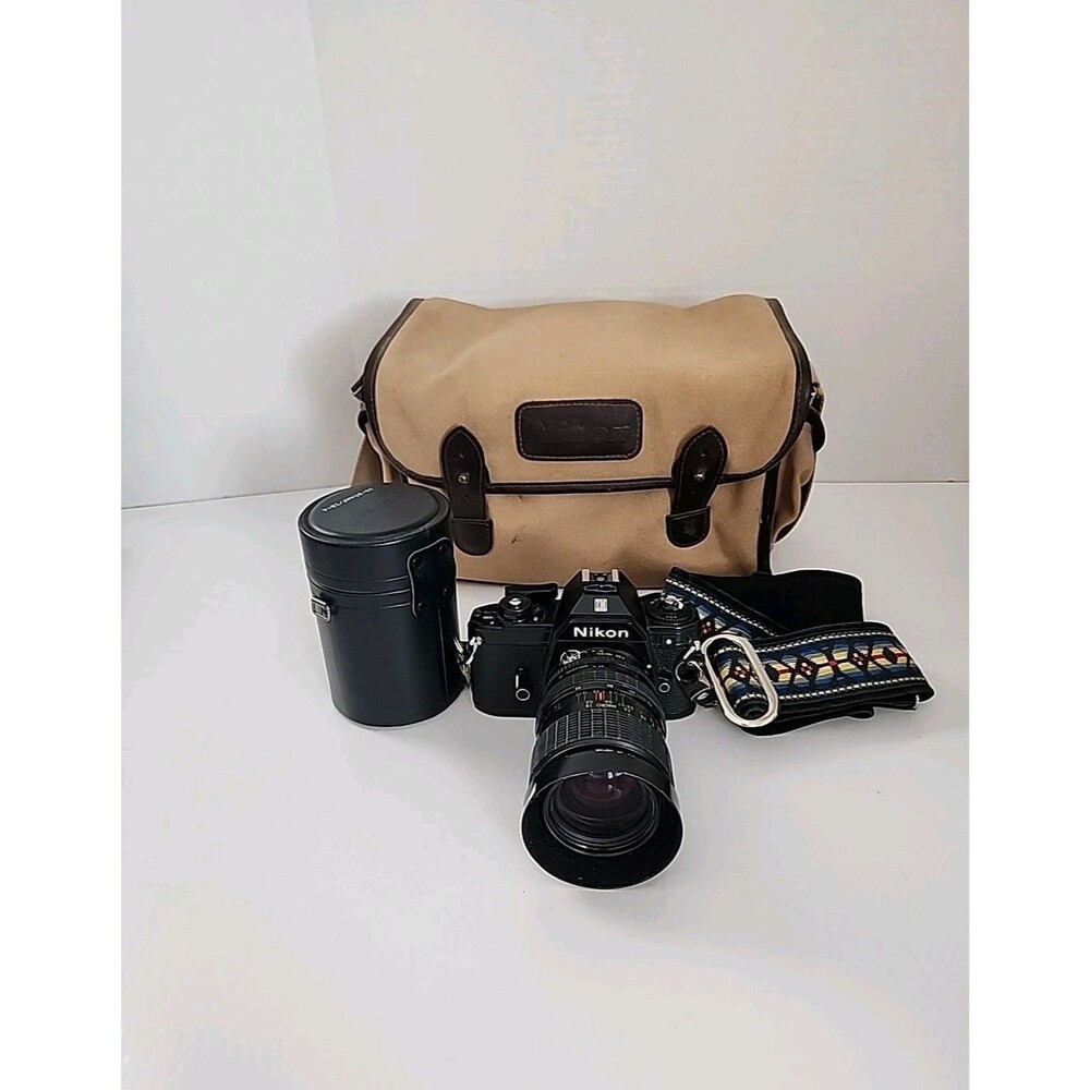 Nikon EM 35mm SLR Film Camera Black Body w/ Extra Lens, Bag & Accessorie